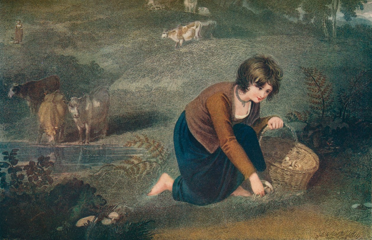 Tyttö kerää sieniä, 1800, 1917 tekijältä Robert Mitchell Meadows