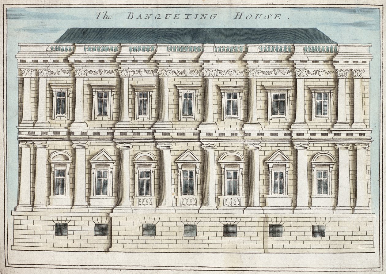 Juhlatalo, Whitehall, kirjasta "A Book of the Prospects of the Remarkable Places in and about the London", n. 1700 (kaiverrus) tekijältä Robert Morden
