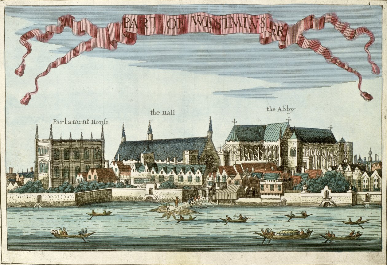 Westminster, jossa näkyy Abbey, Hall ja Parliament House, kirjasta "A Book of the Prospects of the Remarkable Places in and about the City of London", noin 1700. tekijältä Robert Morden