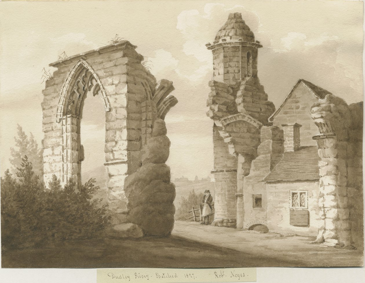 Dudley Priory: seepiapesupiirustus, 1827 tekijältä Robert Noyes