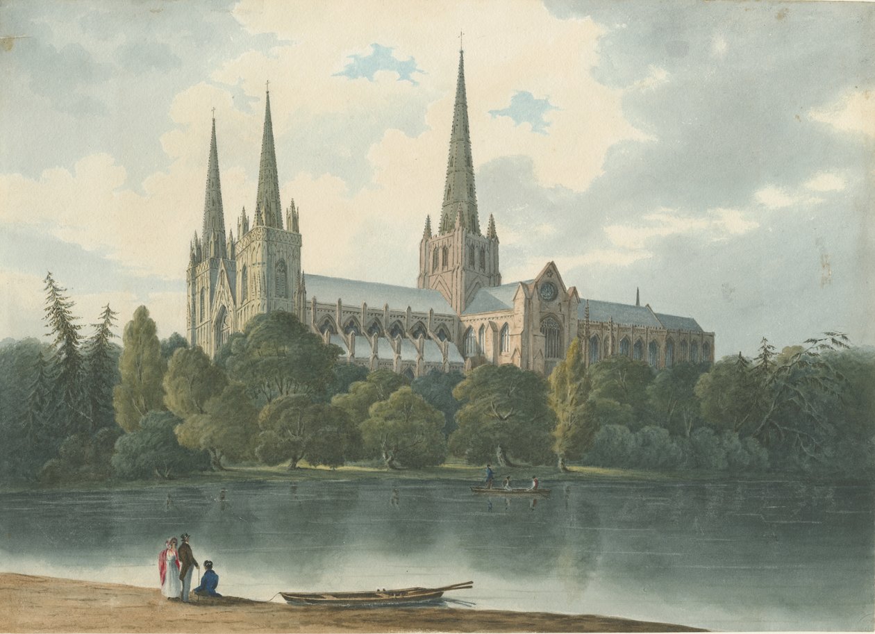 Lichfieldin katedraali - Lounaisnäkymä: akvarellimaalaus, heinäkuu 1824 (maalaus) tekijältä Robert Noyes