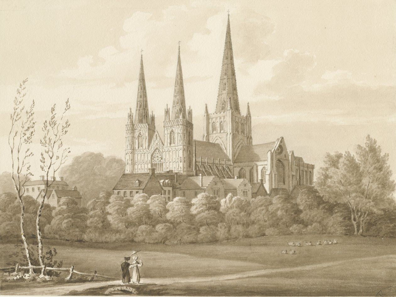 Lichfield Cathedral - West Lounais Näkymä: seepiapiirros tekijältä Robert Noyes