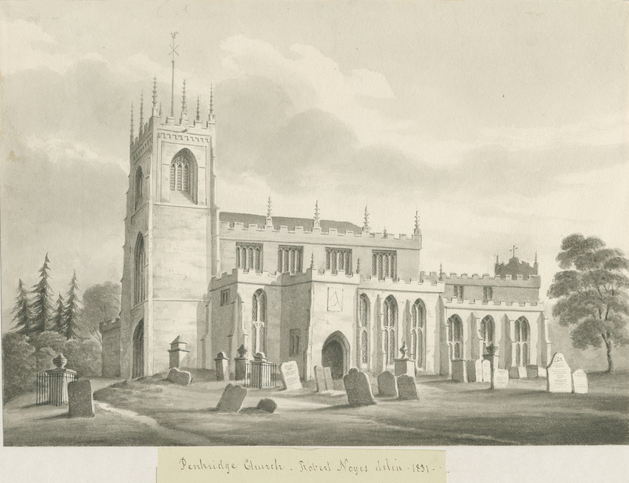 Penkridge Church: seepiapesupiirustus, 1831 tekijältä Robert Noyes