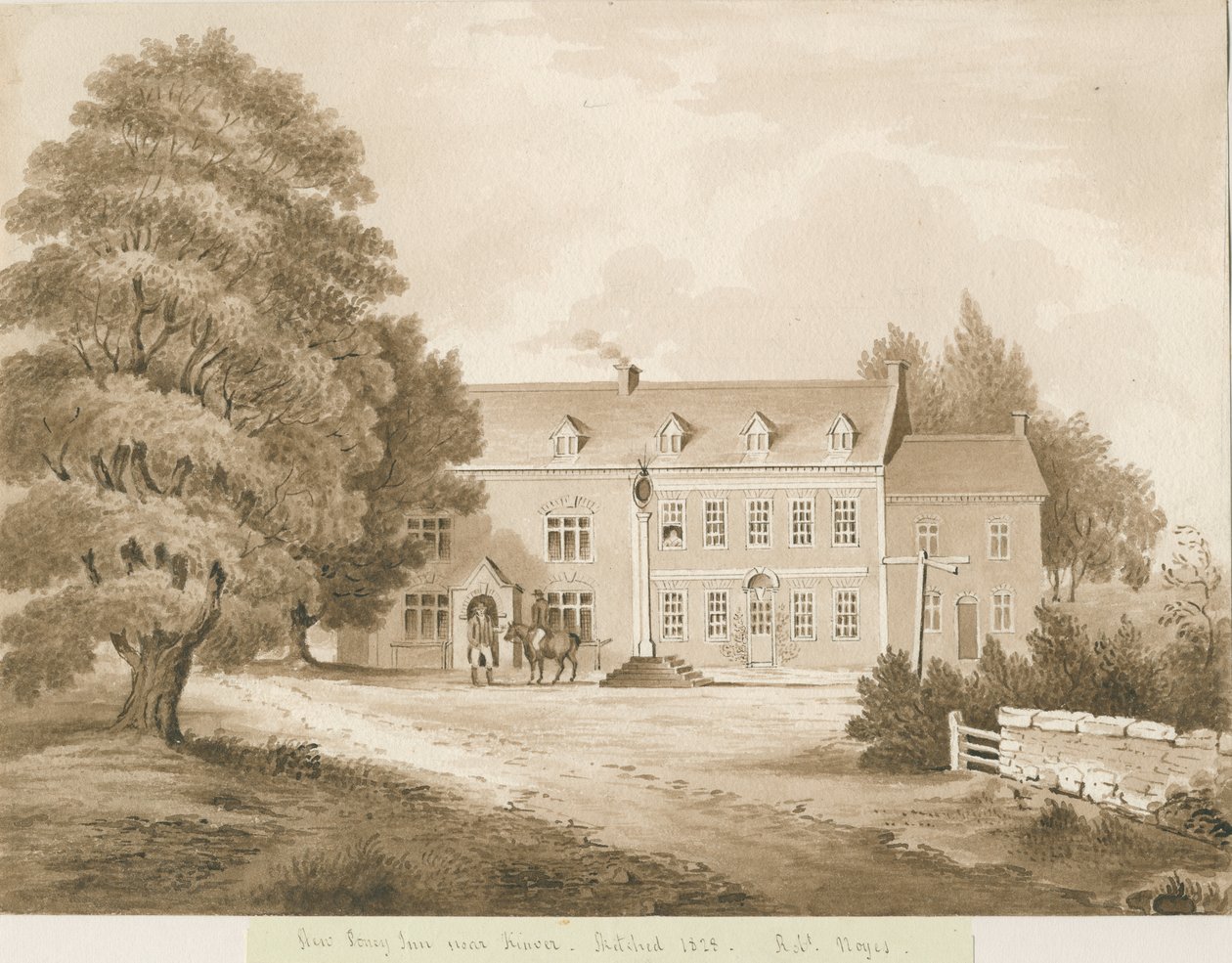 Stourton - "Stew Poney Inn lähellä Kinveria": seepiapesupiirros, 1828 tekijältä Robert Noyes