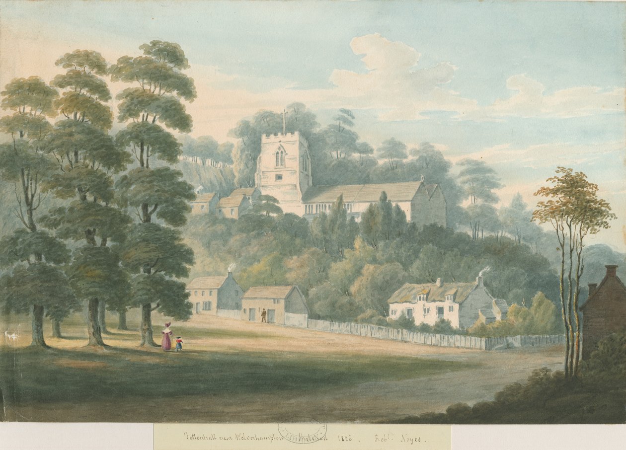 Tettenhallin kirkko ja kylä: akvarellimaalaus, 1826 tekijältä Robert Noyes