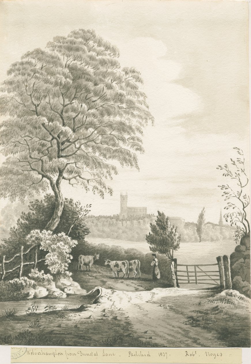 Wolverhampton - Kaukainen näkymä Dunstall Lanelta: seepiapesupiirros, 1837 tekijältä Robert Noyes