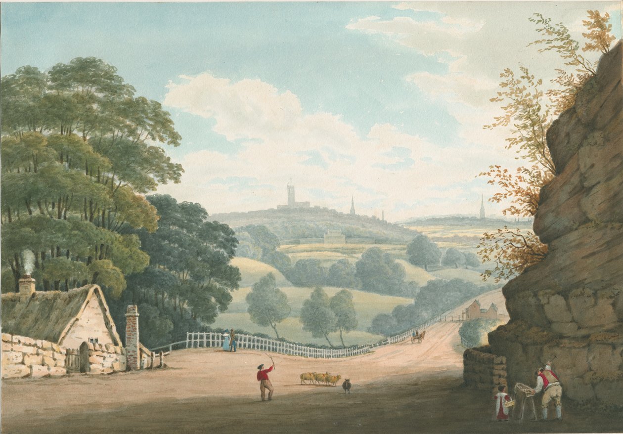 Wolverhampton - Kaukainen näkymä Tettenhallista: akvarellimaalaus, 1837 tekijältä Robert Noyes