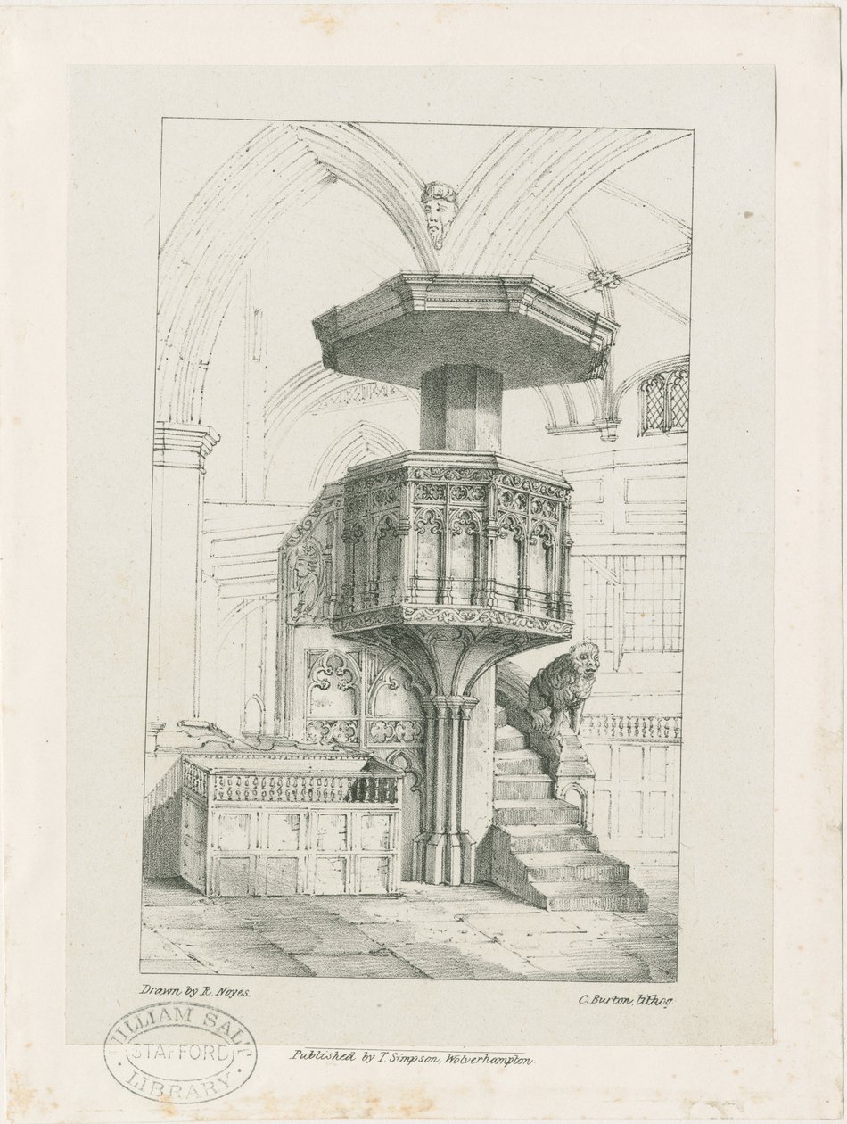 Wolverhampton - Pietarin kirkon saarnatuoli: litografia, nd [n. 1844] (painettu) tekijältä Robert Noyes