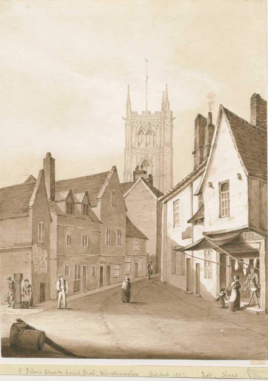 Wolverhampton - Pyhän Pietarin kirkko: seepiapiirros, 1838 tekijältä Robert Noyes