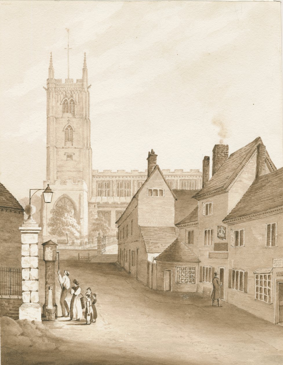 Wolverhampton - Pyhän Pietarin kirkko: seepiapiirros, 1838 tekijältä Robert Noyes