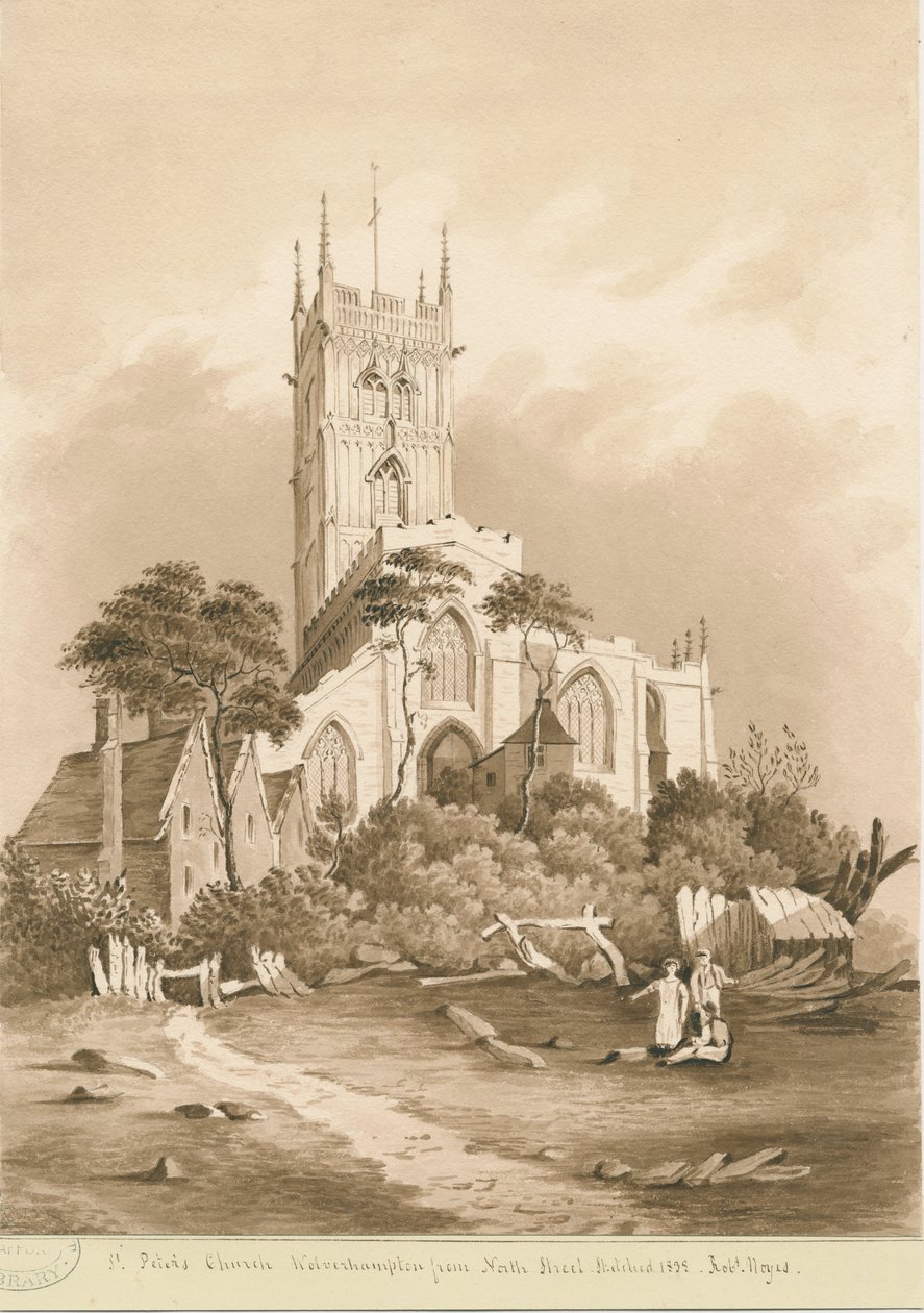Wolverhampton - Pyhän Pietarin kirkko: seepiapiirros, 1838 tekijältä Robert Noyes
