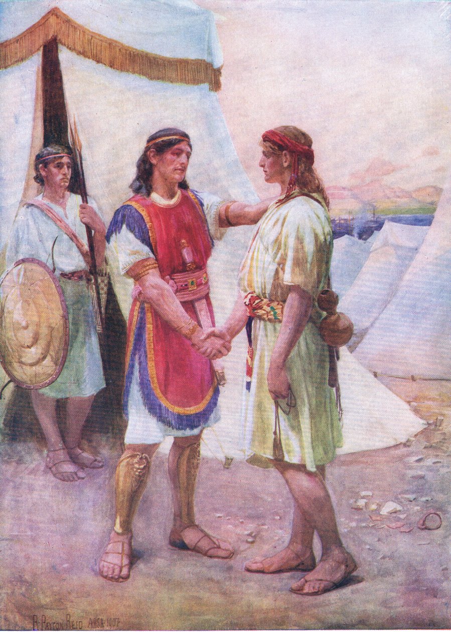 David ja Jonathan, Thomas Nelsonin julkaisemasta Raamatun kuvakirjasta, n. 1950 (litho) tekijältä Robert Payton Reid