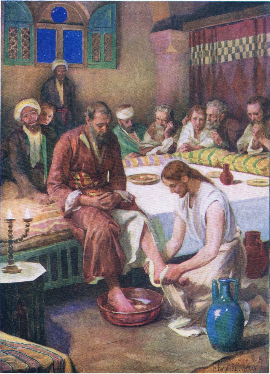 Jeesus pesee opetuslasten jalat, Thomas Nelsonin julkaisemasta Raamatun kuvakirjasta (The Bible Picture Book), n. 1950. tekijältä Robert Payton Reid