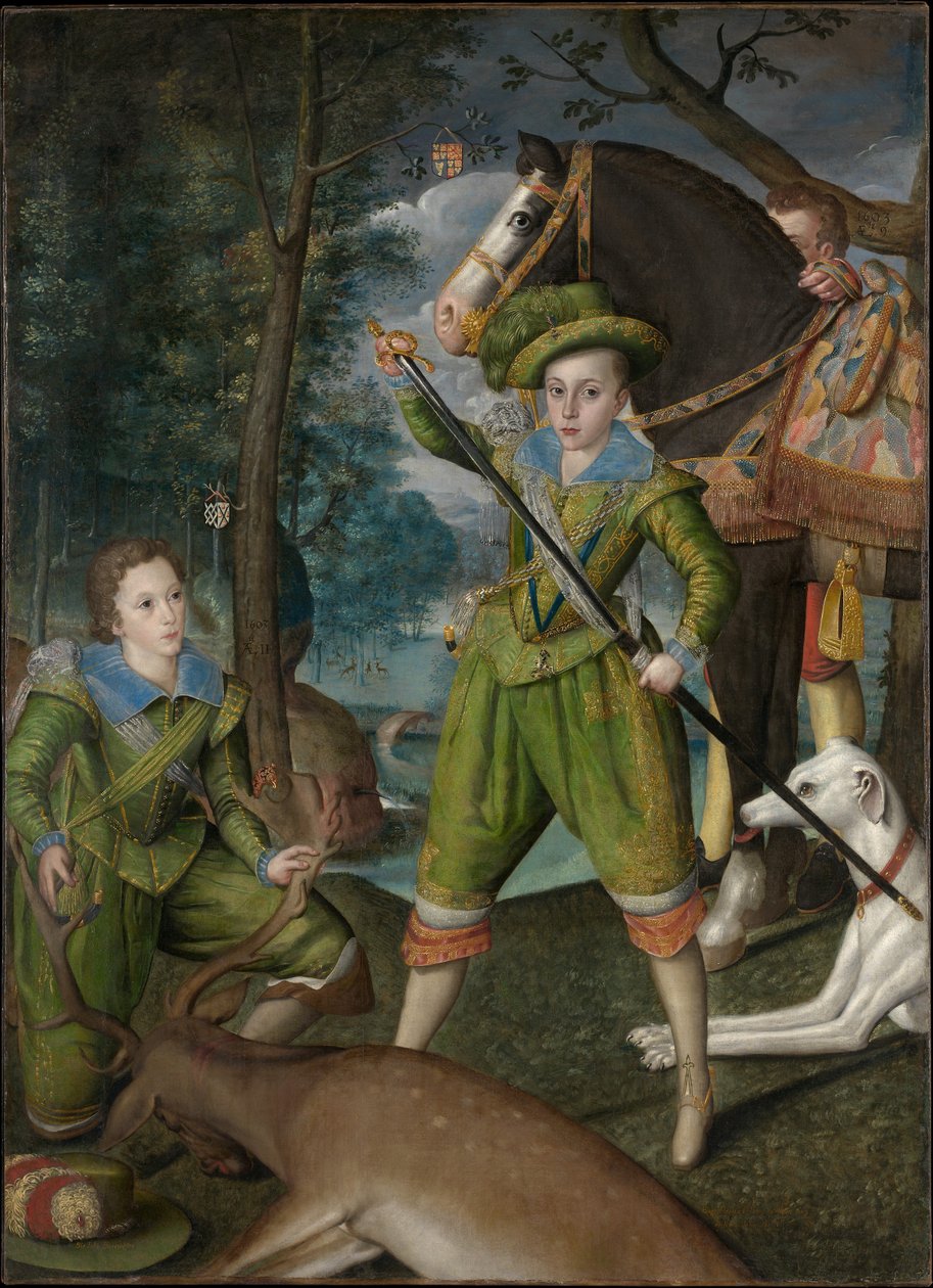 Henry Frederick (1594–1612), Walesin prinssi, Sir John Haringtonin (1592–1614) kanssa metsästyskentällä tekijältä Robert Peake the elder