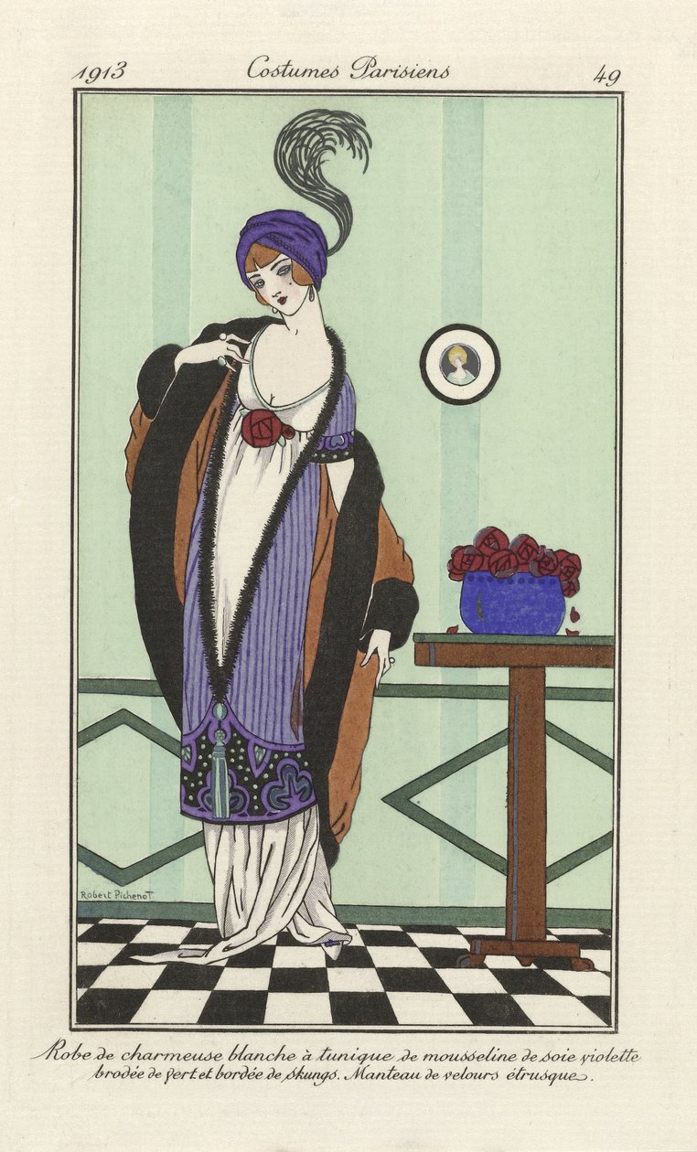 Valkoinen charmeuse-mekko, jossa purppura silkkisifonkitunika, brodeerattu vihreällä reunuksella skungeilla. Etruskien samettitakki, Costumes Parisiens, pub. 1913 (stensiiliprintti) tekijältä Robert Pichenot