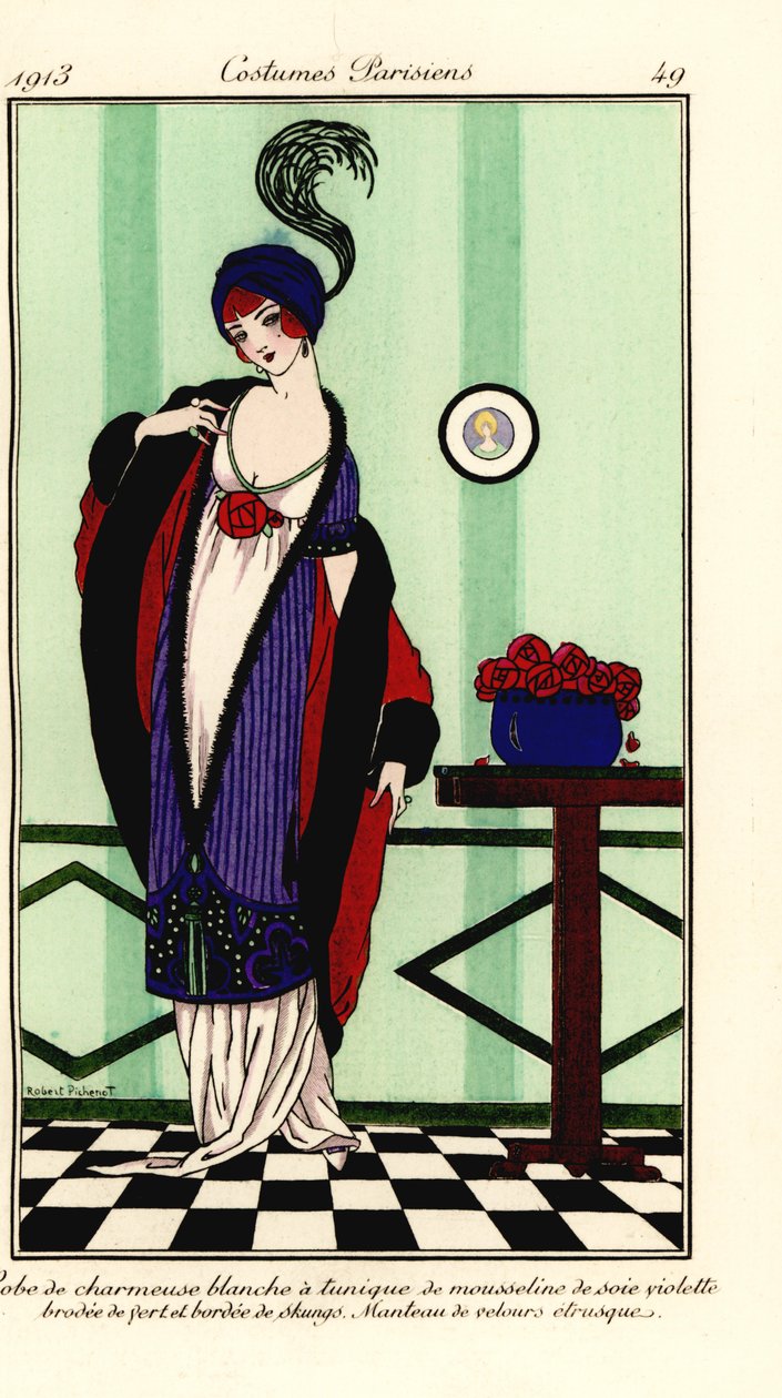 Nainen valkoisessa charmeuse-satiinipukussa, jossa violetti sifonkitunika, joka on koristeltu skunk-turkilla, viitta etruskien samettia. Valkoinen charmeuse-mekko, jossa violetti silkkimusliinitunika, brodeerattu vihreällä ja reunustettu skungeilla, etrusk tekijältä Robert Pichenot
