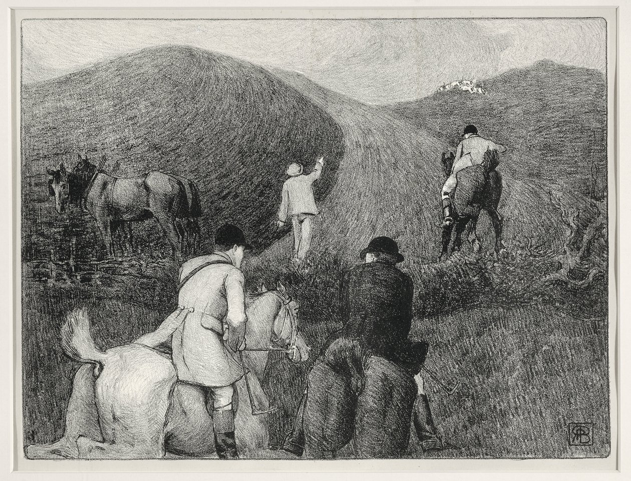 Metsästyskohtaus (litho) tekijältä Robert Polhill Bevan