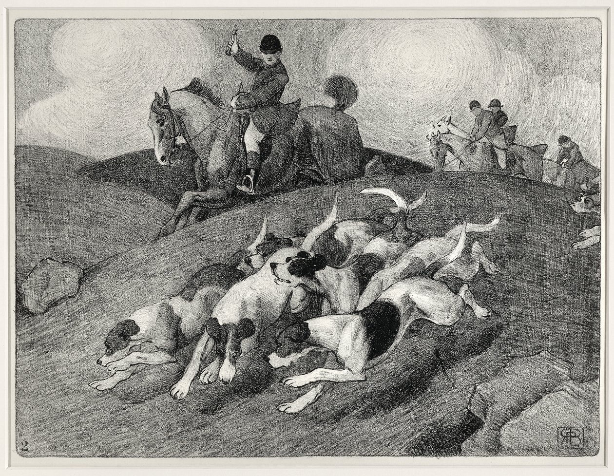 Metsästyskohtaus (litho) tekijältä Robert Polhill Bevan