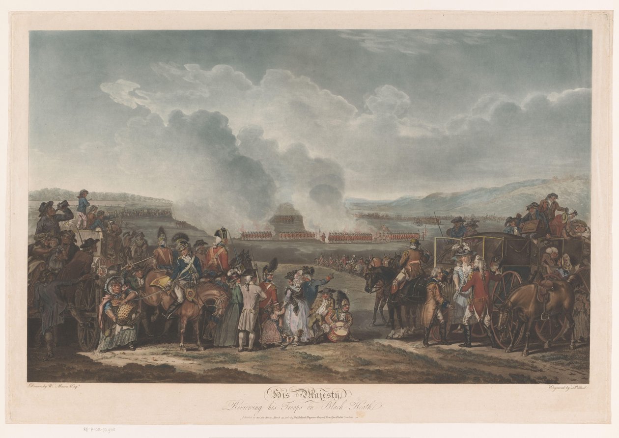 George III tarkkailee joukkojaan Blackheathissä Hänen Majesteettinsa tarkastelee joukkojaan Black Heathillä (otsikko esineessä) tekijältä Robert Pollard (I)