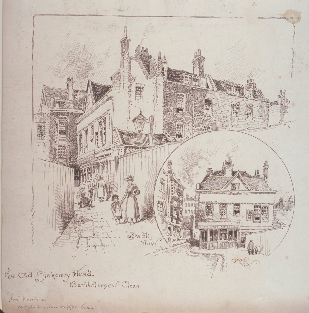 Takanäkymä Old Blakeney Head Innistä, Bartholomew Close, Lontoo, n. 1900 tekijältä Robert Randoll