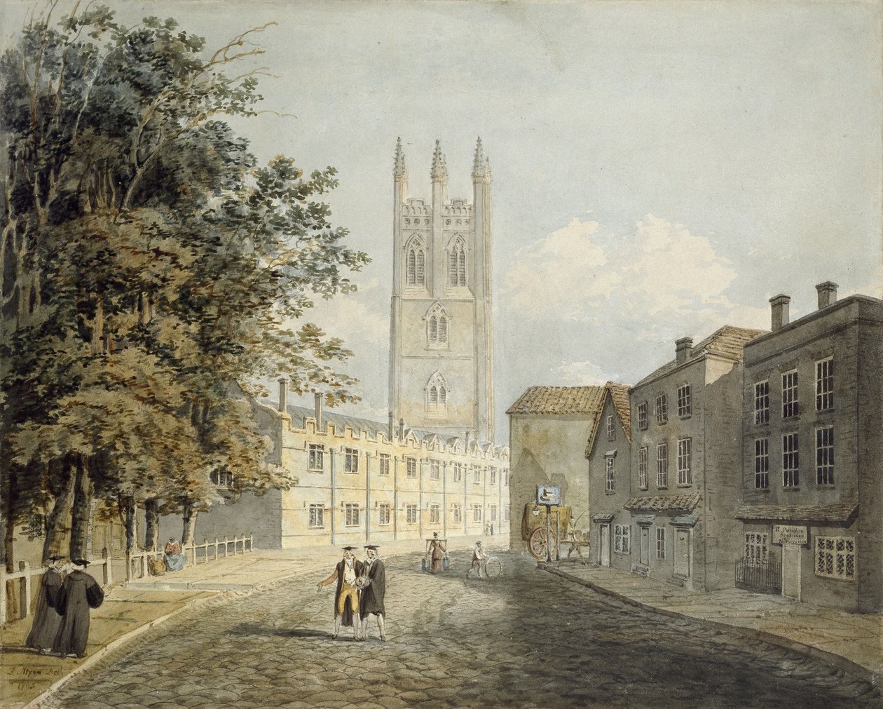 Magdalen College ja High Streetin itäpää, Oxford, 1795 (akvarelli grafiitilla) tekijältä Robert Revd Nixon
