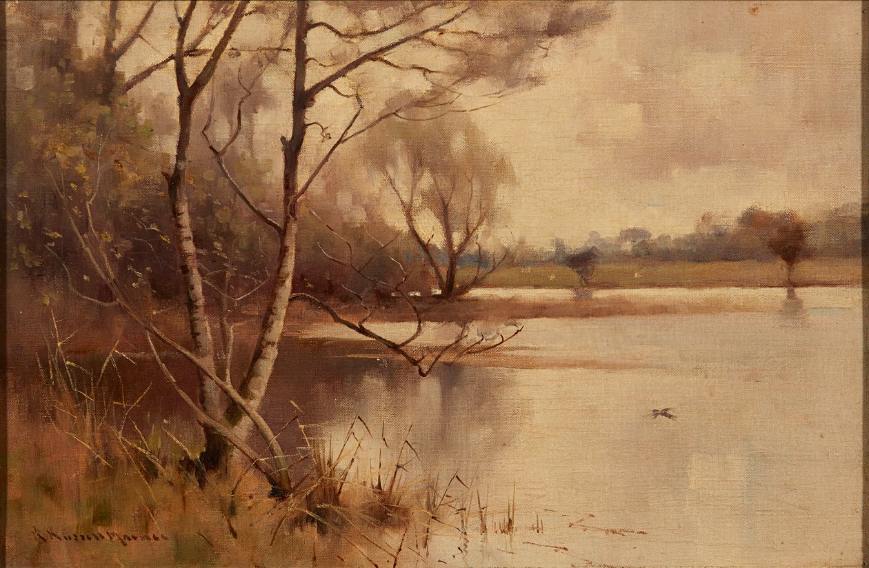 Hopeakoivu järven rannalla (öljy kankaalle) tekijältä Robert Russell MacNee