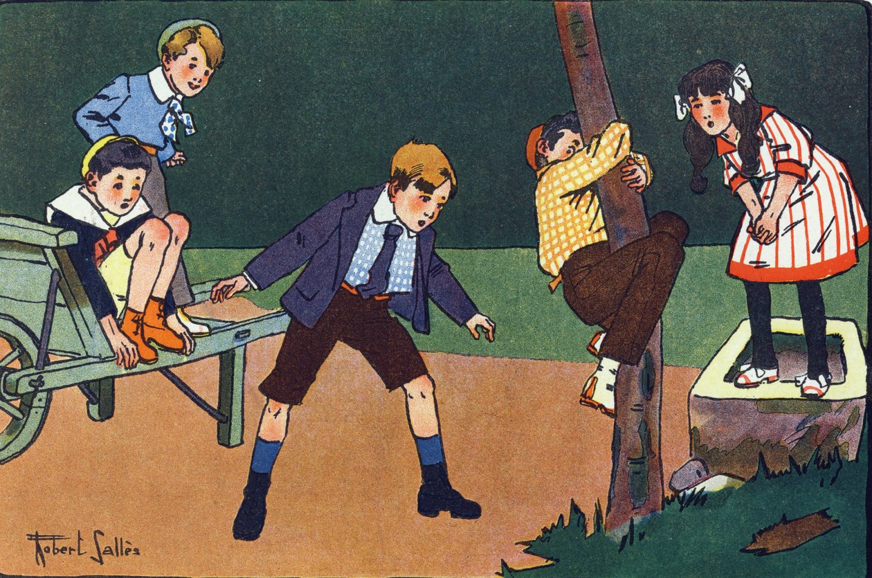 Kissa ahven. Kaiverrus "" Mitä me pelaamme? E. Weberin "" Robert Sallesin (1871-1929) akvarellipiirroksilla. Librairie Garnier Freres, Pariisi tekijältä Robert Salles