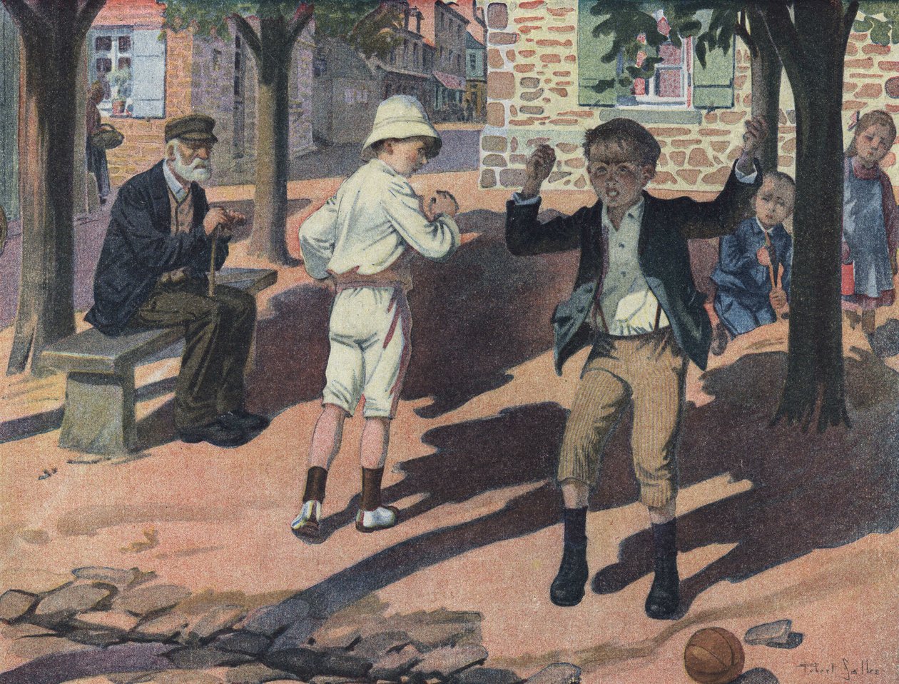 Nuori poika suuttuu pelatessaan toverinsa (huono pelaaja). Robert Sallesin (1871-1929) kuvitus teoksessa "" Je sais Lire"". tekijältä Robert Salles