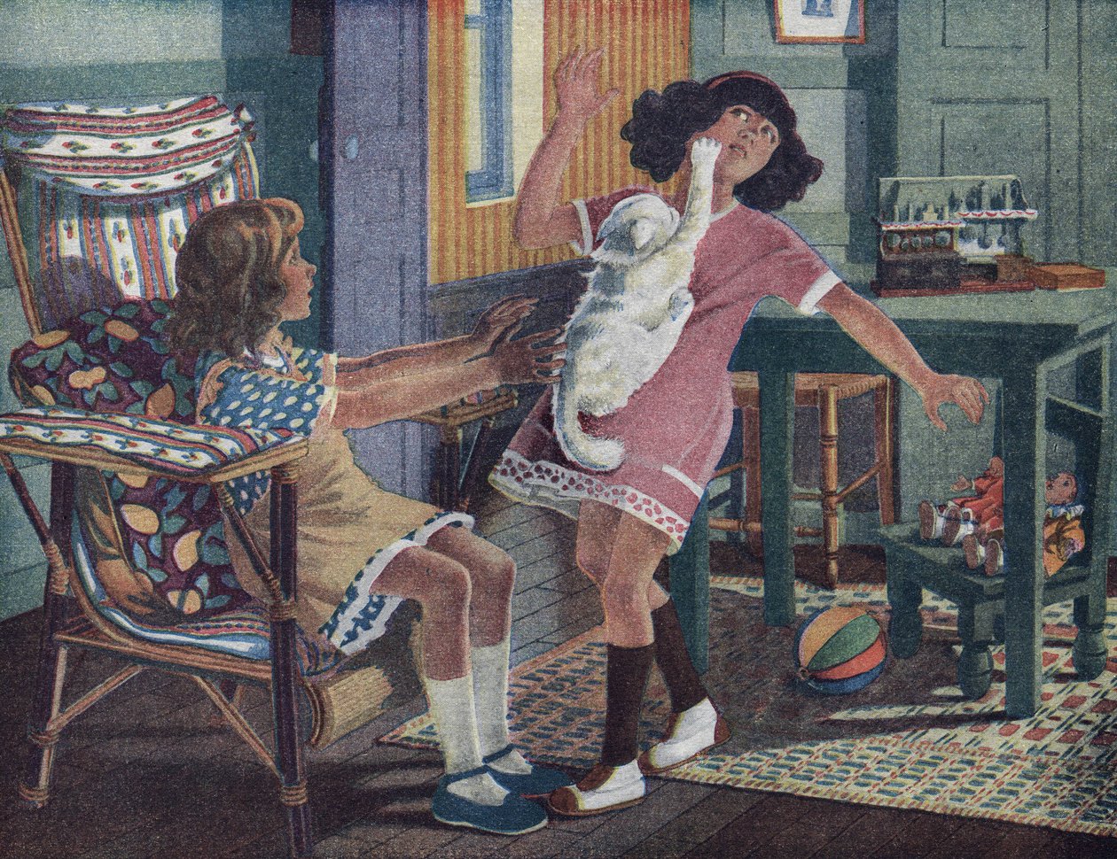 Annetten pieni kissa: valkoinen kissa kynsi ystävänsä kanssa leikkivän pienen tytön kasvoja. Robert Sallesin (1871-1929) kuvitus teoksessa "" Je sais Lire"". tekijältä Robert Salles