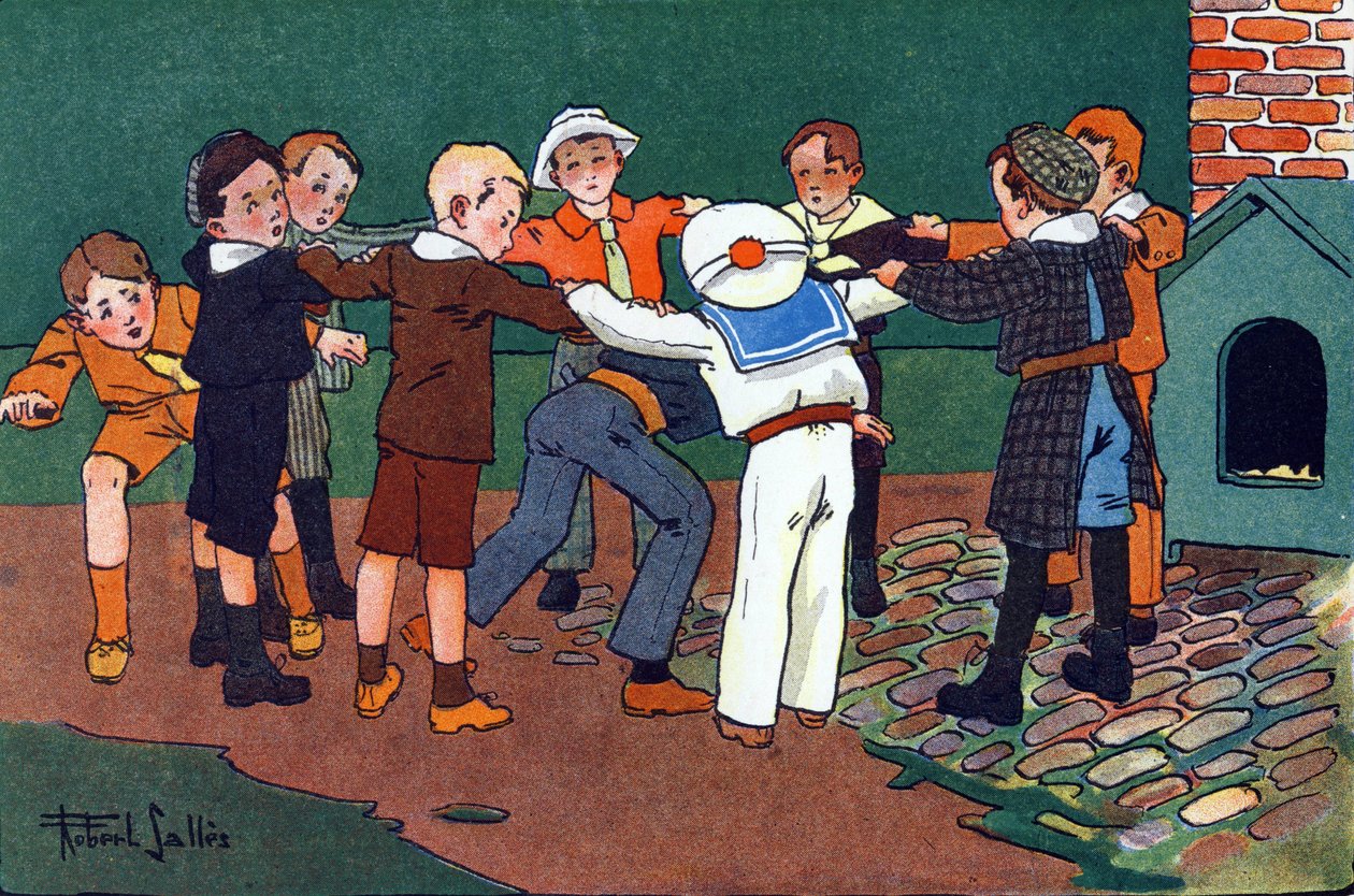 Kissa ja hiiri. Kaiverrus "" Mitä me pelaamme? E. Weberin "" Robert Sallesin (1871-1929) akvarellipiirroksilla. Librairie Garnier Freres, Pariisi tekijältä Robert Salles