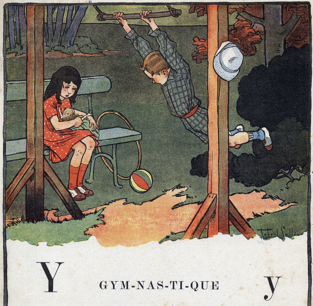 Lastenkirja "" Luen - Isän menetelmällinen ja hauska aakkoset""" 1926. Kuvitus Robert Salles (1871-1929). Abecedary: Y-kirjain voimisteluna. Poika trapetsi, kun tyttö leikkii nukkea. tekijältä Robert Salles