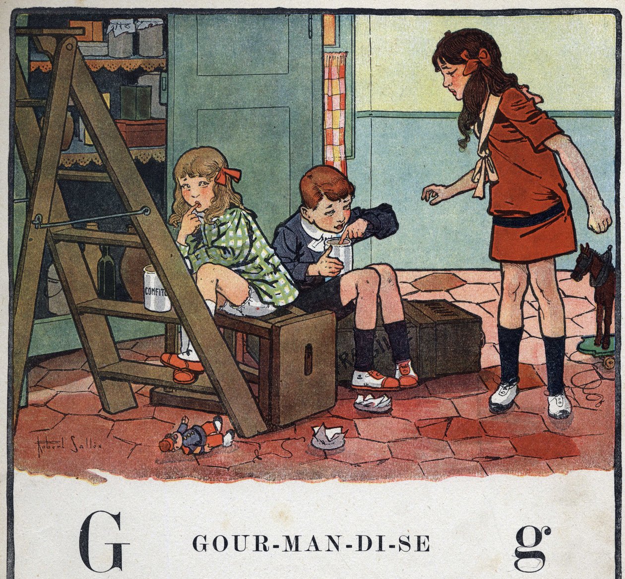 Lastenkirja "" Luen - Isän menetelmällinen ja hauska aakkoset""" 1926. Kuvitus Robert Salles (1871-1929). Abecedary: kirjain G Gourmandise. Tyttö ja pojat syövät sokeroituja hedelmiä salaa. tekijältä Robert Salles