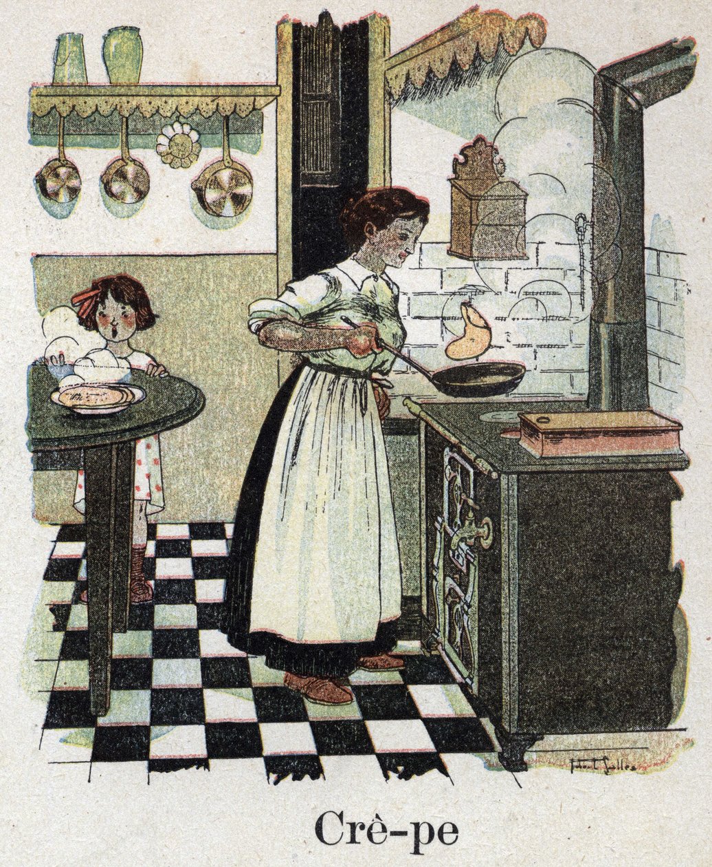 Lastenkirja "" Luen - Isän menetelmällinen ja hauska aakkoset""" 1926. Kuvitus Robert Salles (1871-1929). Äiti puhaltaa kreppejä pannulle. tekijältä Robert Salles