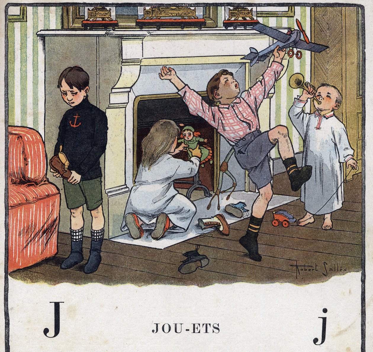 Lastenkirja "" Luen - Isän menetelmällinen ja hauska aakkoset""" 1926. Kuvitus Robert Salles (1871-1929). Abecedaire: J-kirjain leluina. Lapset ovat saaneet leluja kenkiinsä ja pitävät hauskaa niiden kanssa. Yksi lapsista ei saanut lahjaa hei tekijältä Robert Salles