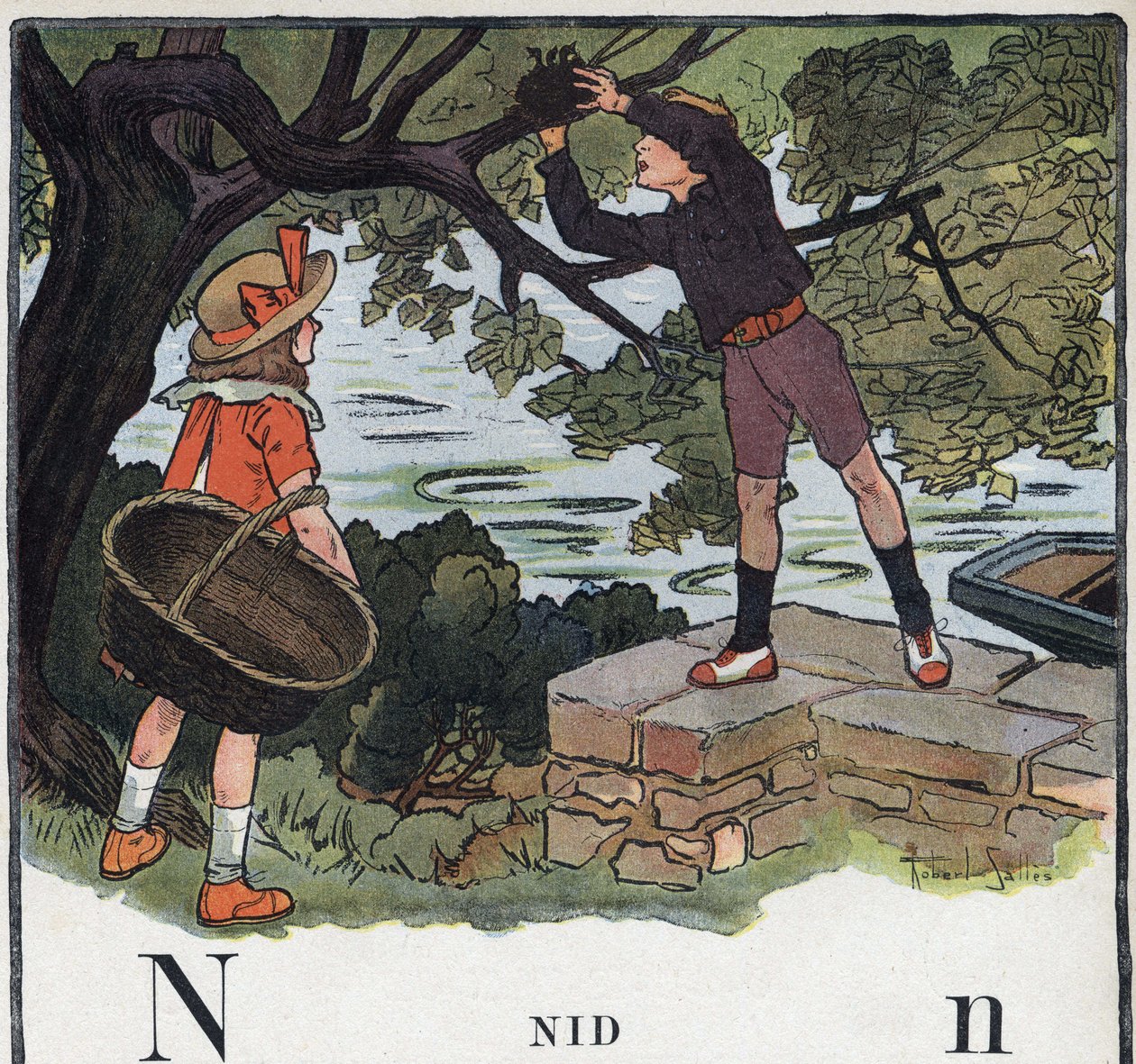 Lastenkirja "" Luen - Isän menetelmällinen ja hauska aakkoset""" 1926. Kuvitus Robert Salles (1871-1929). Abecedary: kirjain N pesänä. Poika ottaa puuhun rakennetun pesän. tekijältä Robert Salles