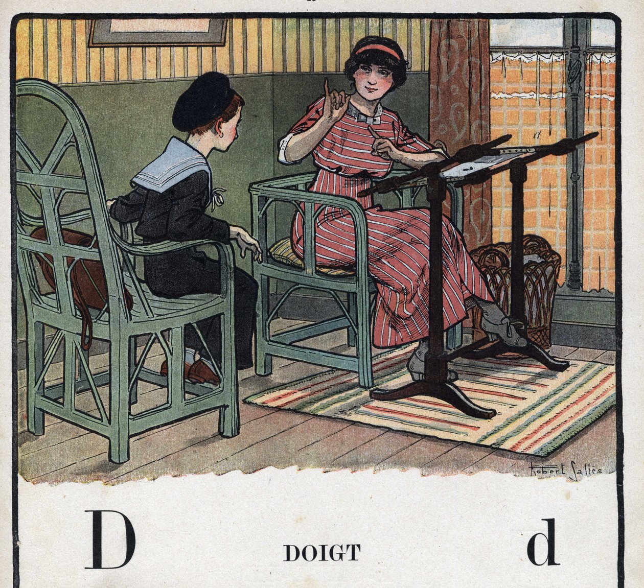 Lastenkirja "" Luen - Isän menetelmällinen ja hauska aakkoset""" 1926. Kuvitus Robert Salles (1871-1929). Abecedary: D-kirjain sormena. Äiti selittää pojalleen kirjonta. tekijältä Robert Salles