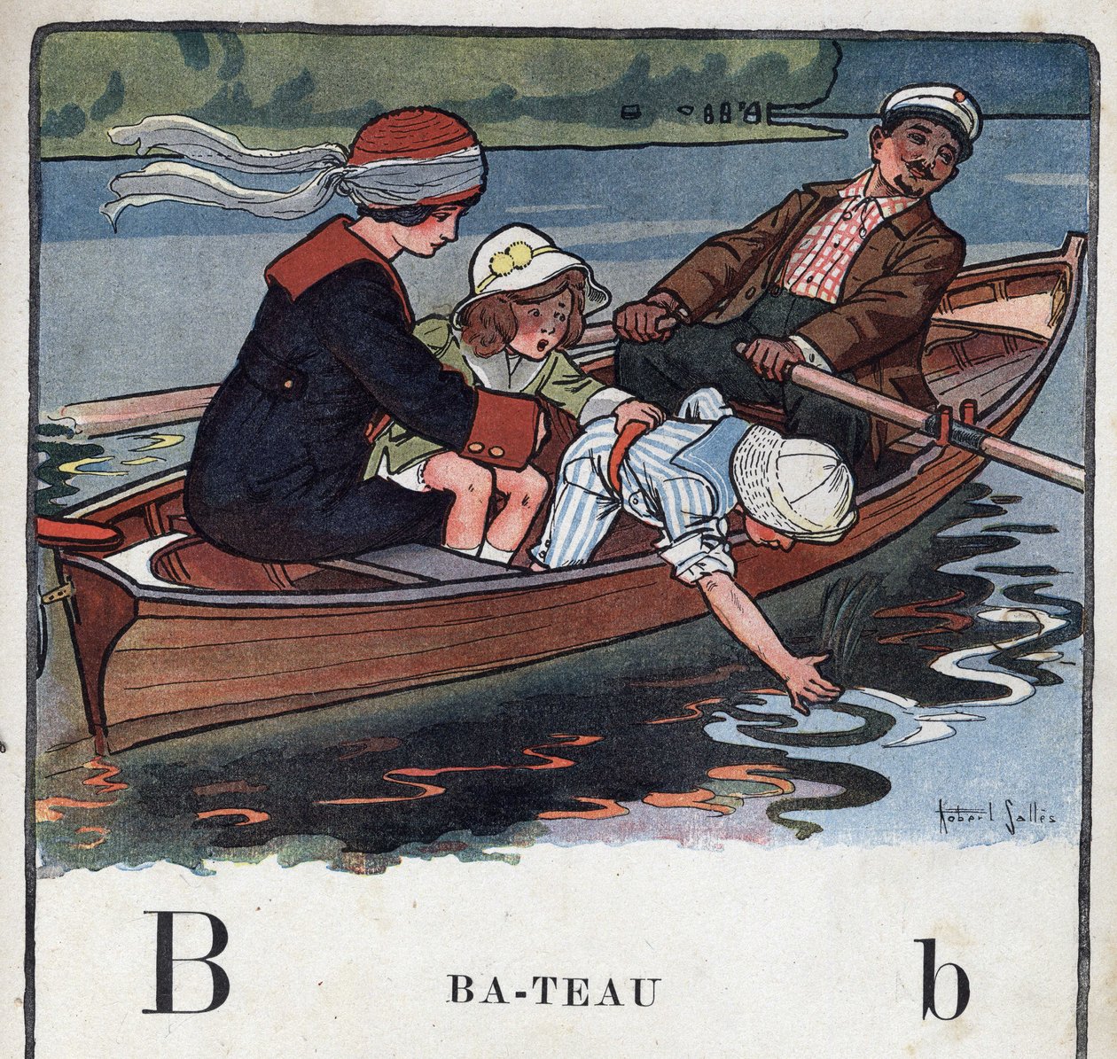 Lastenkirja "" Luen - Isän menetelmällinen ja hauska aakkoset""" 1926. Kuvitus Robert Salles (1871-1929). Abecedaire: kirjain B veneenä. Perhe veneessä lähtee kävelylle. tekijältä Robert Salles