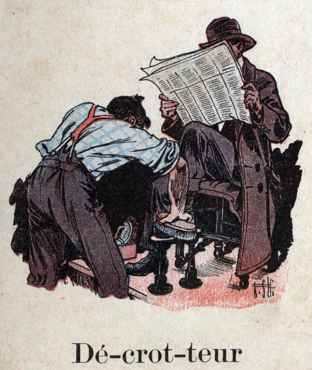 Lastenkirja "" Luen - Isän menetelmällinen ja hauska aakkoset""" 1926. Kuvitus Robert Salles (1871-1929). "" Decrotteur"": kengänkiillotusaine puhdistaa sanomalehteä lukevan asiakkaan kengät. tekijältä Robert Salles