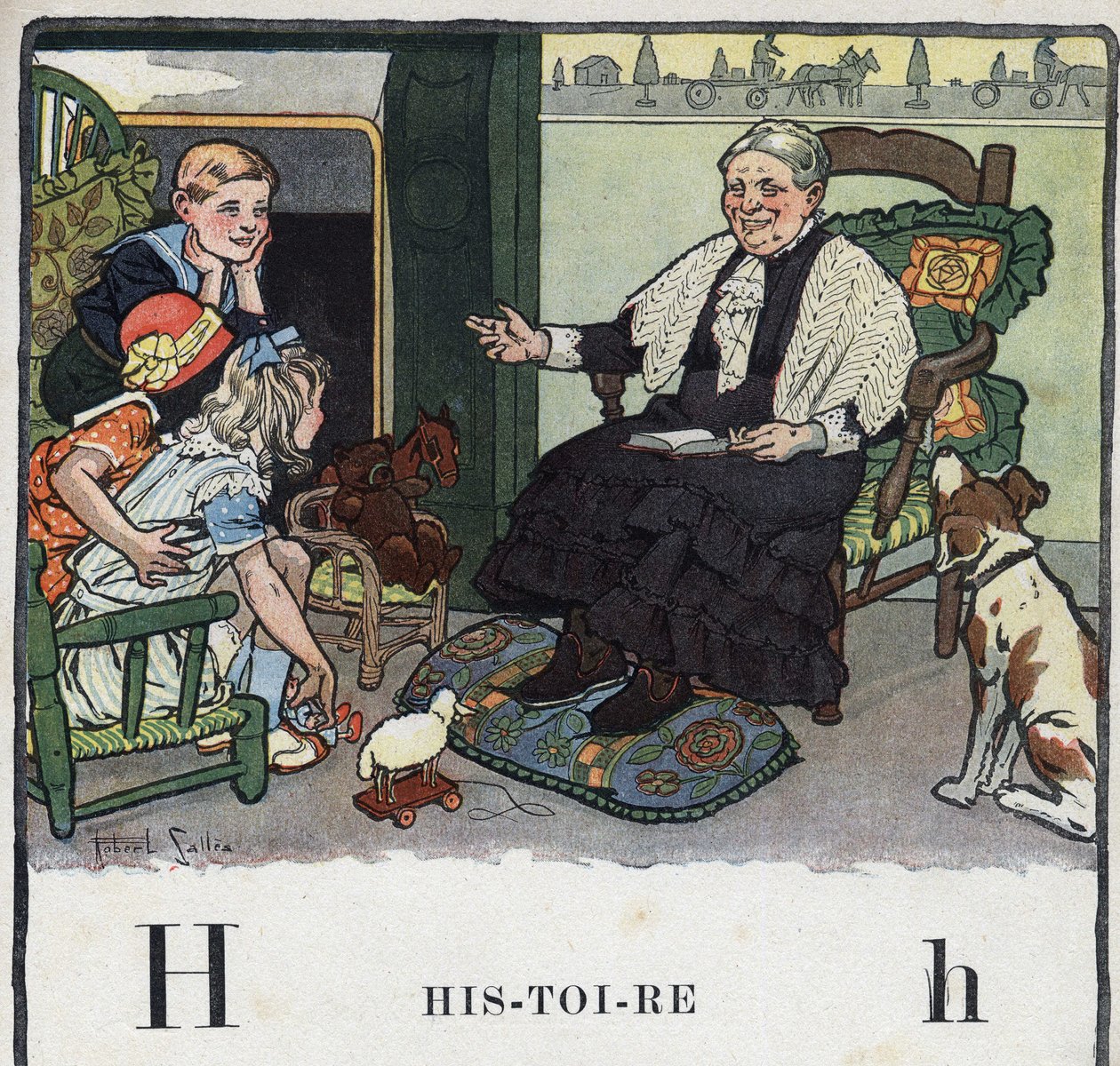 Lastenkirja "" Luen - Isän menetelmällinen ja hauska aakkoset""" 1926. Kuvitus Robert Salles (1871-1929). Abecedaire: H-kirjain historiana. Isoäiti kertoo lastenlapsilleen tarinoita takan lähellä. tekijältä Robert Salles