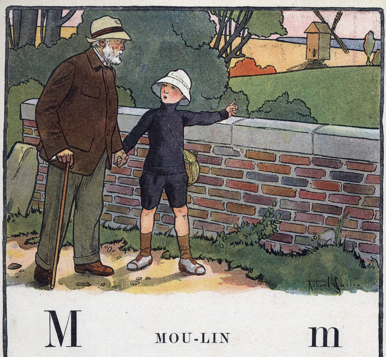 Lastenkirja "" Luen - Isän menetelmällinen ja hauska aakkoset""" 1926. Kuvitus Robert Salles (1871-1929). Abecedaire: M-kirjain Moulinina. Poika kävelee isoisänsä kanssa. Hän osoittaa tuulimyllylle. tekijältä Robert Salles