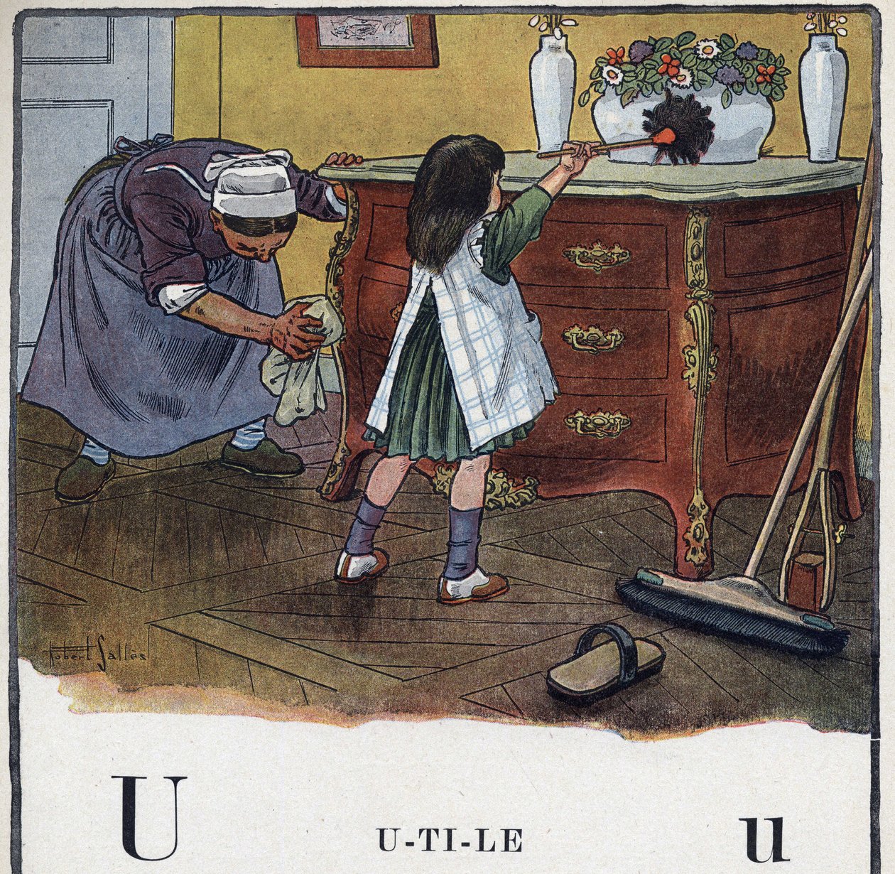 Lastenkirja "" Luen - Isän menetelmällinen ja hauska aakkoset""" 1926. Kuvitus Robert Salles (1871-1929). Abecedary: kirjain U hyödyllisenä. Tyttö auttaa siivoamisessa ja pölyntymisessä. tekijältä Robert Salles