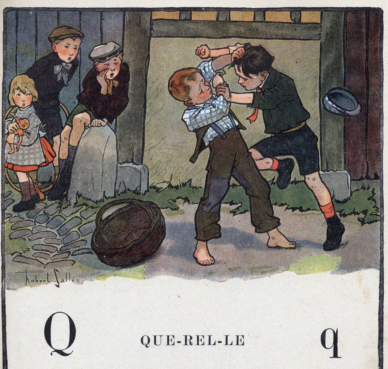 Lastenkirja "" Luen - Isän menetelmällinen ja hauska aakkoset""" 1926. Kuvitus Robert Salles (1871-1929). Abecedaire: Q-kirjain kuten Querelle. Kaksi poikaa tappelee pihalla. tekijältä Robert Salles
