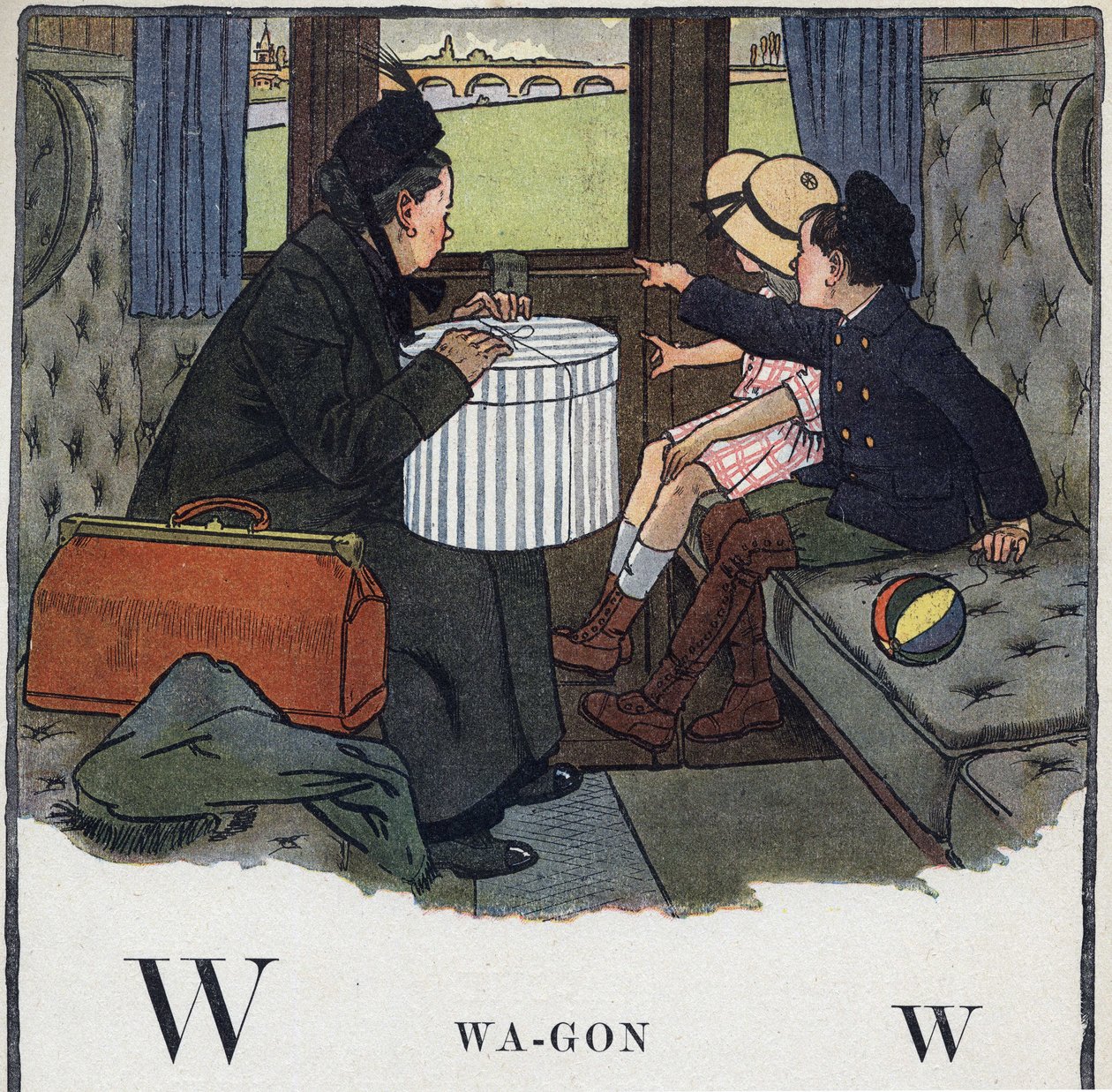 Lastenkirja "" Luen - Isän menetelmällinen ja hauska aakkoset""" 1926. Kuvitus Robert Salles (1871-1929). Abecedaire: W-kirjain vaununa. Kaksi lasta äitinsä kanssa matkustaa junan hytissä. tekijältä Robert Salles