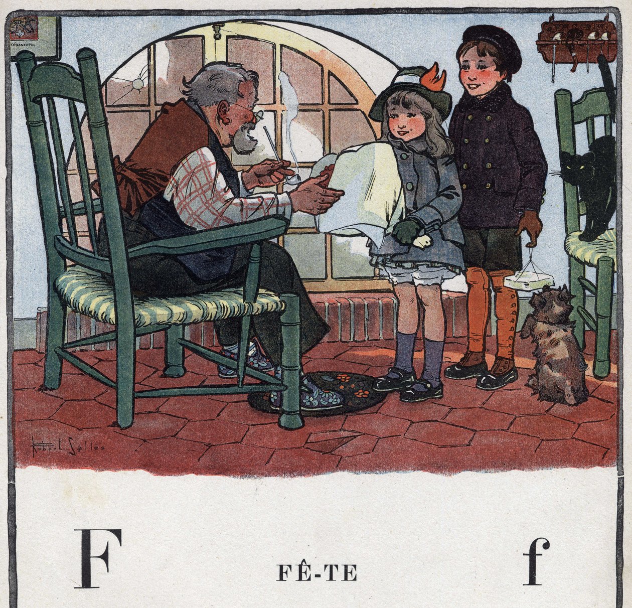 Lastenkirja "" Luen - Isän menetelmällinen ja hauska aakkoset""" 1926. Kuvitus Robert Salles (1871-1929). Abecedaire: F-kirjain Fete. Tyttö ja poika tarjoavat lahjoja isoisänsä juhliin. tekijältä Robert Salles