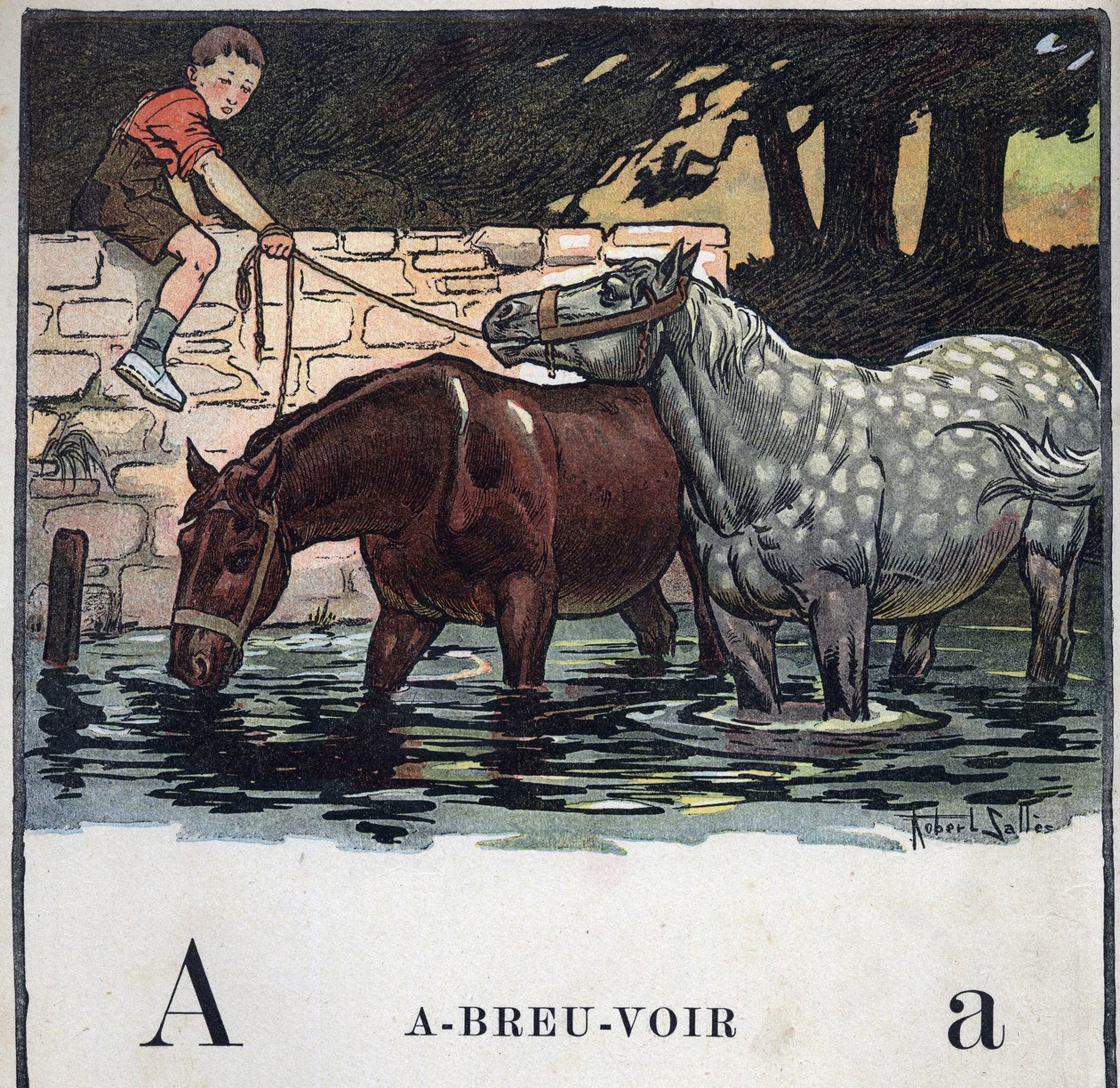 Lastenkirja "" Luen - Isän menetelmällinen ja hauska aakkoset""" 1926. Kuvitus Robert Salles (1871-1929). Abecedary: kirjain A juomavedenä. Kaksi hevosta juo vettä. tekijältä Robert Salles