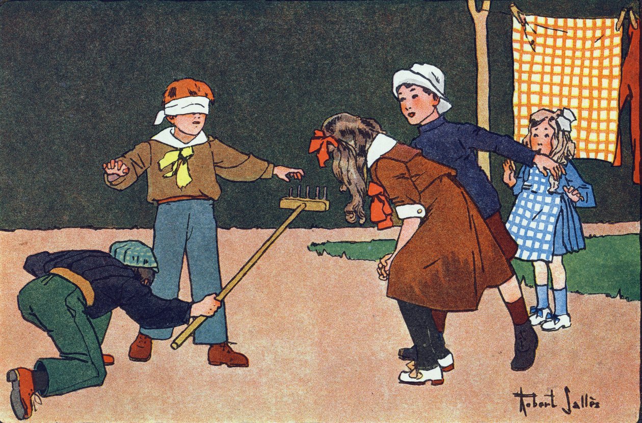 Colin maillard (colin-maillard). Kaiverrus "" Mitä me pelaamme? E. Weberin "" Robert Sallesin (1871-1929) akvarellipiirroksilla. Librairie Garnier Freres, Pariisi tekijältä Robert Salles