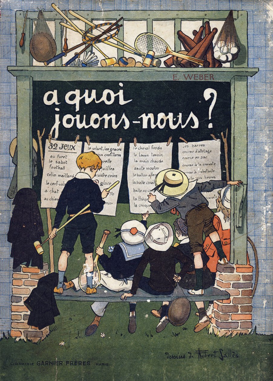 Kansi "" Mitä me pelaamme? E. Weberin "" Robert Sallesin (1871-1929) akvarellipiirroksilla. Kaiverrus. Librairie Garnier Freres, Pariisi tekijältä Robert Salles