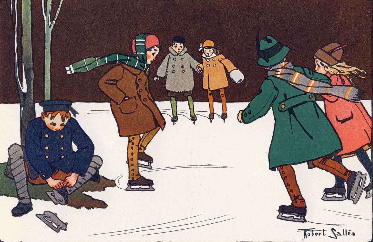 Luistelu. Kaiverrus "" Mitä me pelaamme? E. Weberin "" Robert Sallesin (1871-1929) akvarellipiirroksilla. Librairie Garnier Freres, Pariisi tekijältä Robert Salles