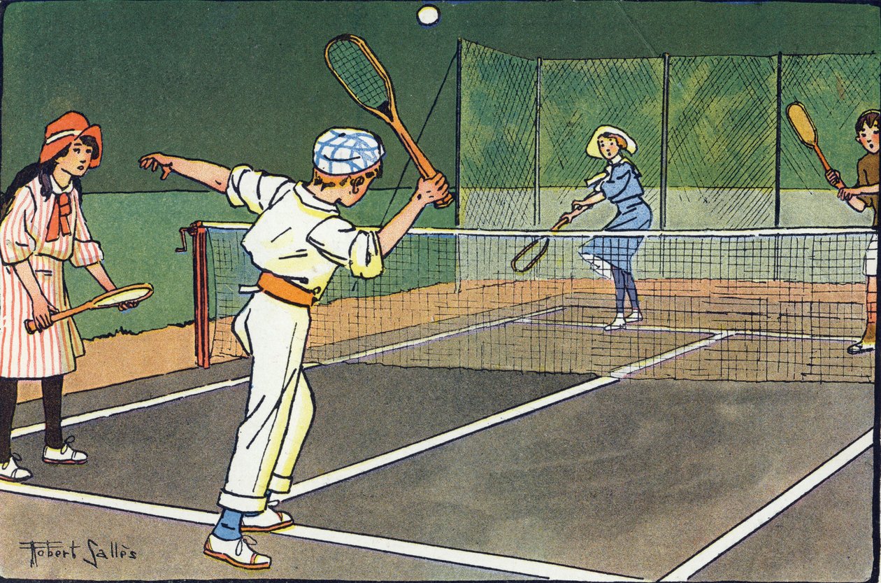 Nurmikon tennis. Kaiverrus "" Mitä me pelaamme? E. Weberin "" Robert Sallesin (1871-1929) akvarellipiirroksilla. Librairie Garnier Freres, Pariisi tekijältä Robert Salles