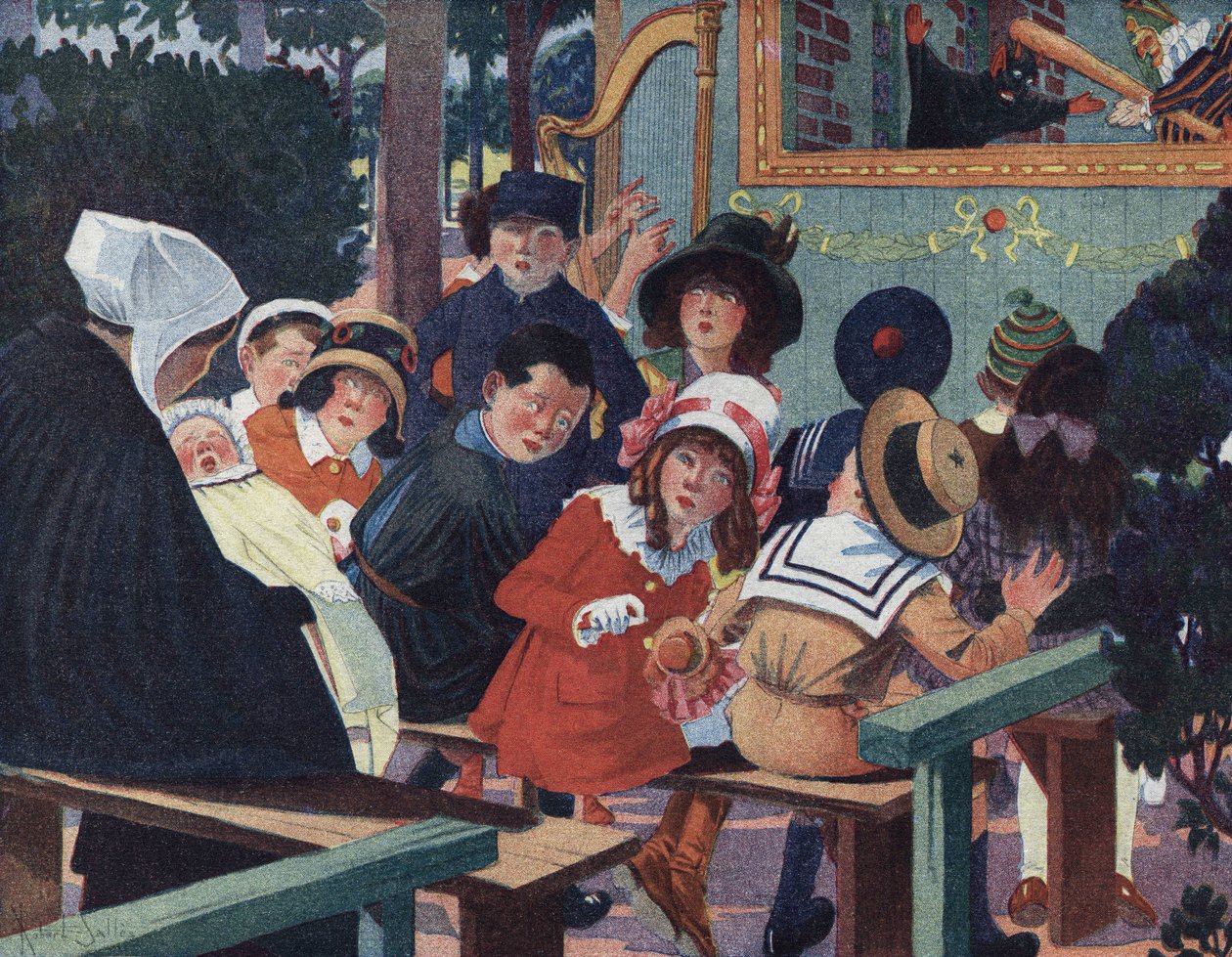 Nukketeatteri: Lapset guignol-teatterissa ovat järkyttyneet itkevän vauvan takia. Robert Sallesin (1871-1929) kuvitus teoksessa "" Je sais Lire"". tekijältä Robert Salles